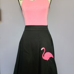 Collectif Black A-Line Skirt with Pink Flamingo Accent
